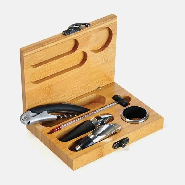 ACESSÓRIOS PARA VINHO COM ESTOJO EM BAMBU - 6 PÇS