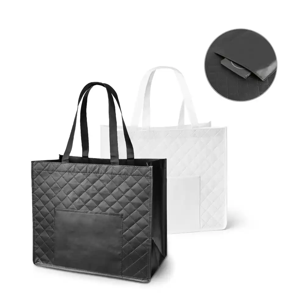 ARLETA. Sacola em non-woven laminado (110 g/m²) com bolso frontal
