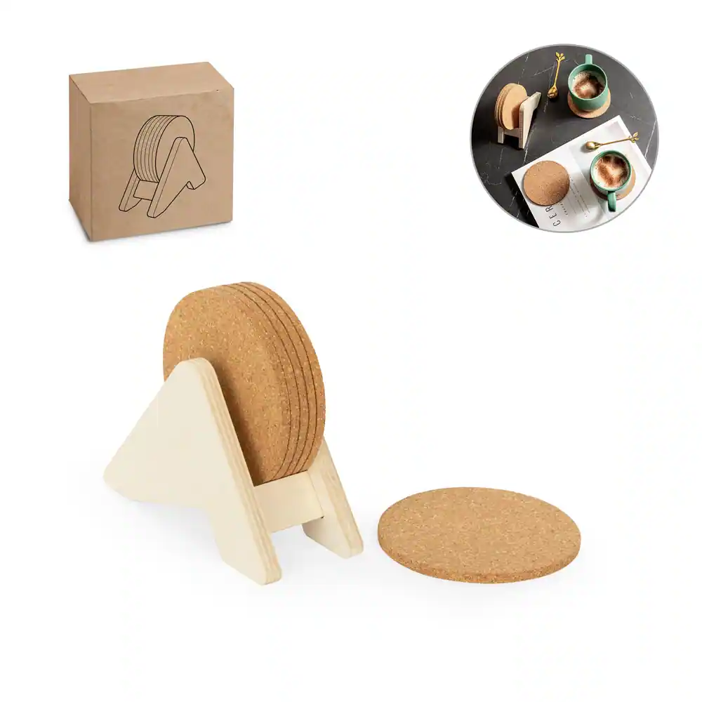 PLYCORK. Porta copos em contraplacado com 6 bases para copos em cortiça